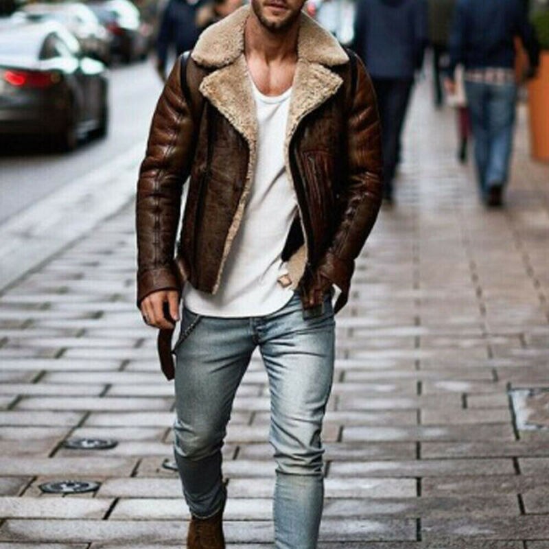 Men Casual Genuine Leather Autumn Winter Moto or Biker Style Zipper Closure Type Patchwork Pattern Regular Clothing Length