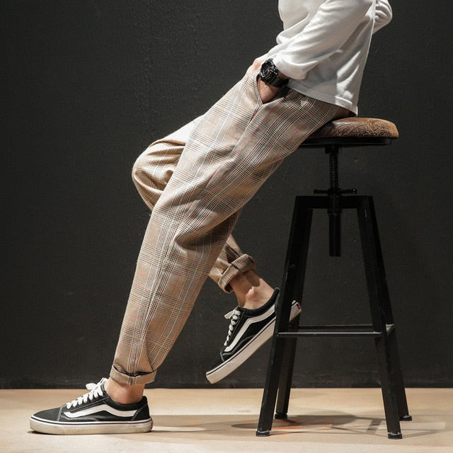 Dropshipping Japanese Streerwear Men Plaid Pants 2019 Autumn Fashion Slim Man Casual Trousers Korean Male Harem Pants